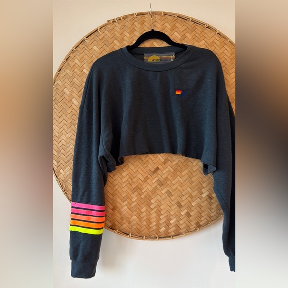 AVIATOR NATION UNISEX RUGBY STITCH CROPPED CREW SWEATSHIRT RELAXED CHARCOAL NEON - Picture 6 of 10